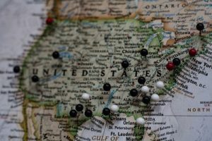 Best places to start a business in South Carolina are indicated on this vintage US map with white pins.
