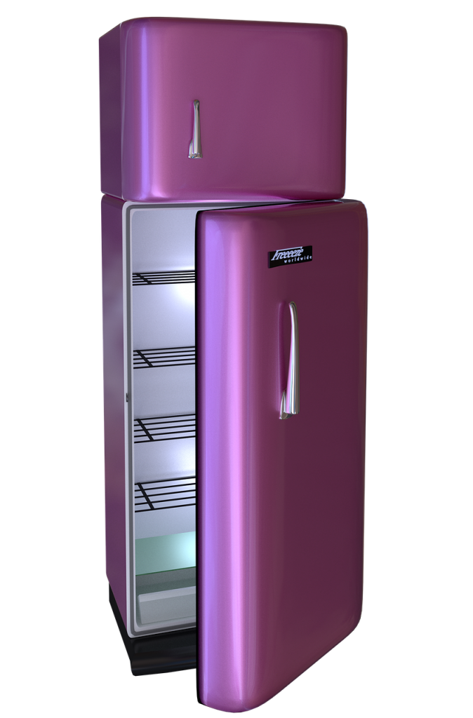 A purple refriderator - the first item to pack when packing your kitchen