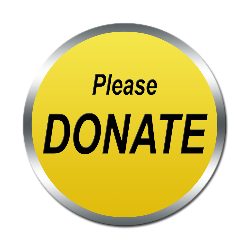 A yellow button with the words "please donate" urging people to donate or recycle old office equipment 