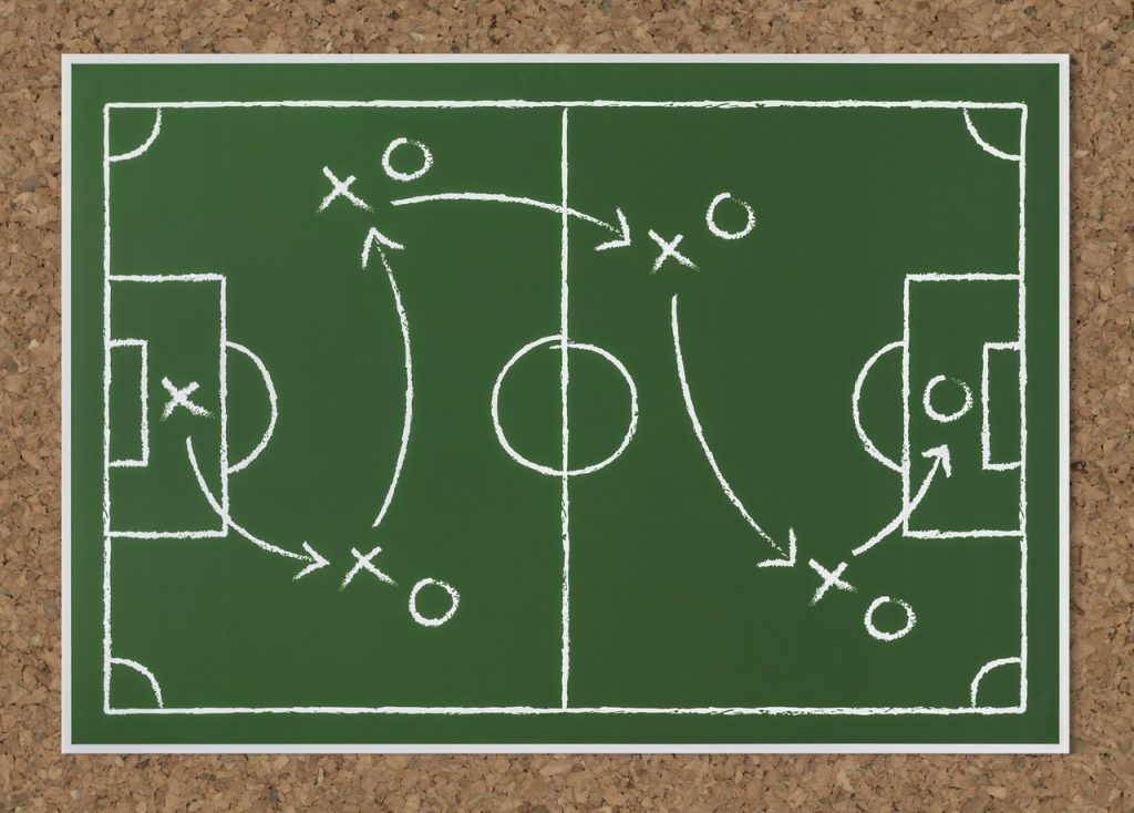 A drawing of a soccer field and a plan for scoring