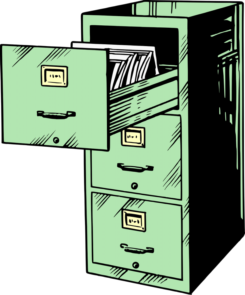 A drawing of a filing cabinet with three drawers 