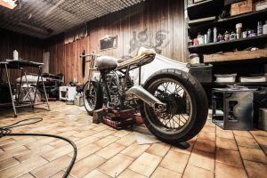 a motorcycle in the garage 