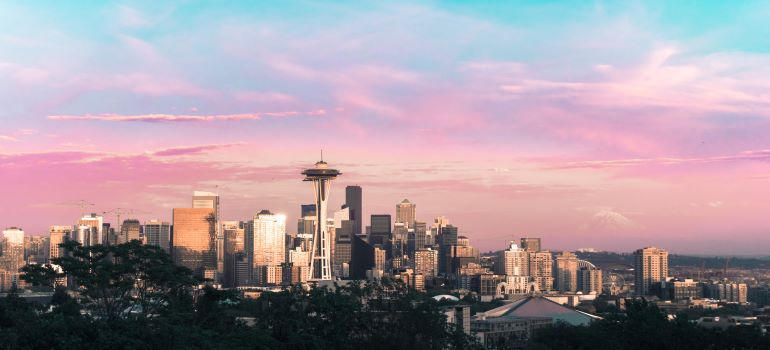 Highrise buildings under pink sky in Seattle