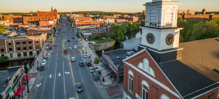 an aerial view of a busy street in one New Hampshire city 