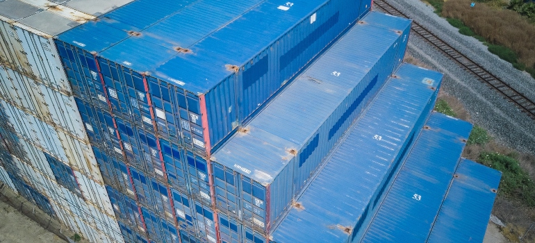 many blue storage containers 