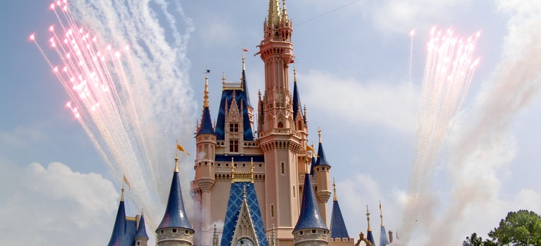 Fireworks over fairy castle in Disney World, Orlando, FL.
