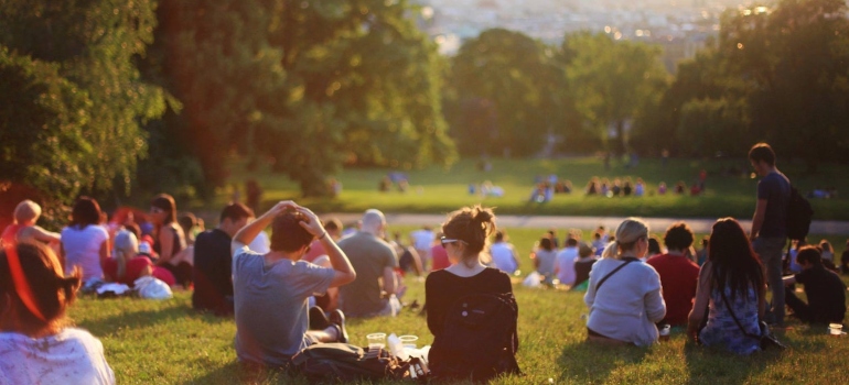 people sitting on grass in a park